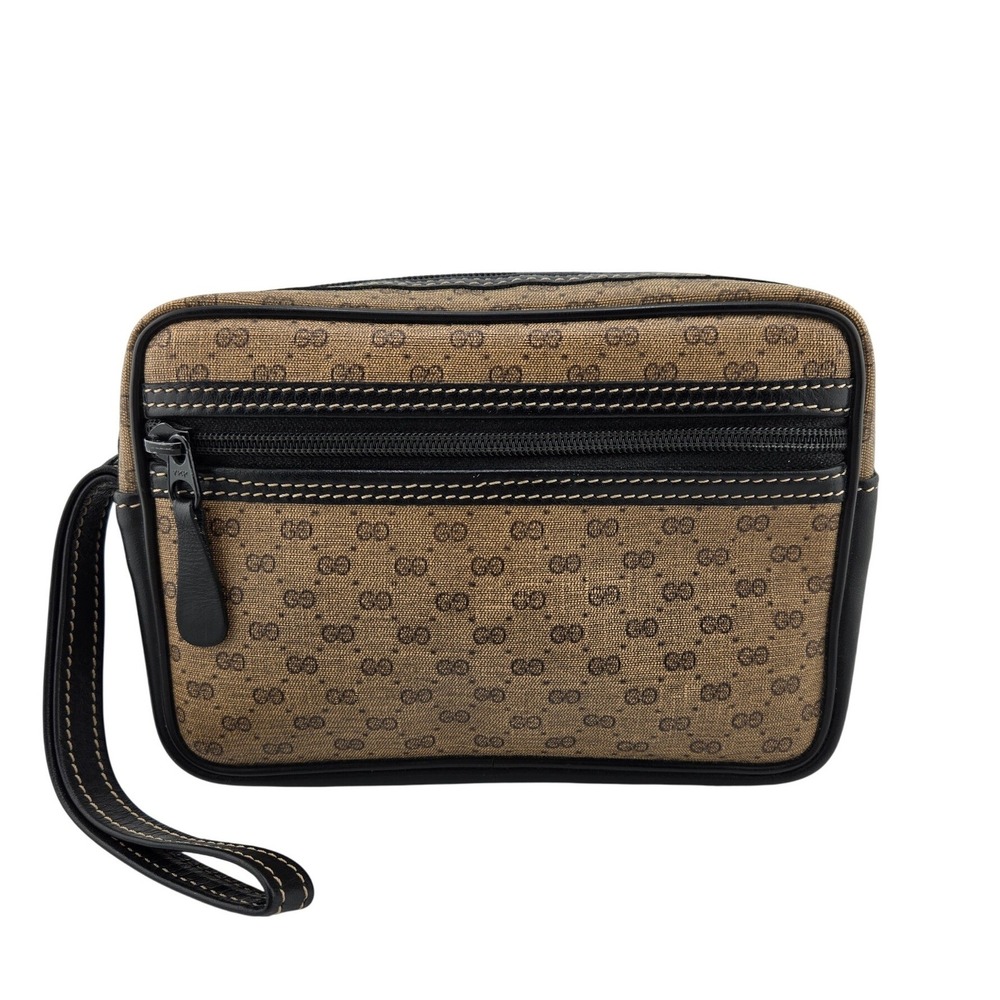 Gucci Vintage Micro-GG Supreme Wristlet Clutch Bag Tan Black Leather COA